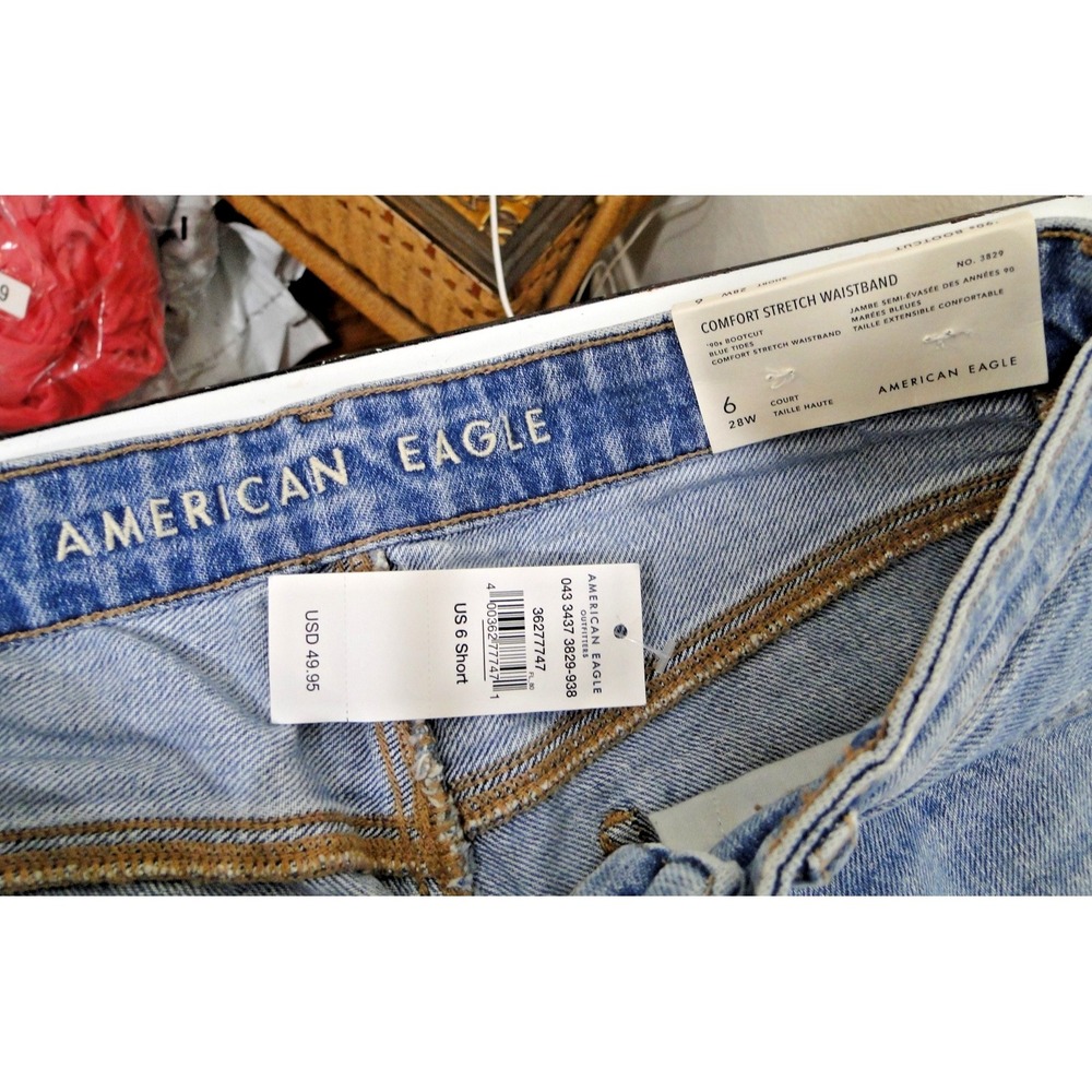 American Eagle 90s Bootcut Distress Jeans Women 6/28  Short‎ Blue New Y2K Grunge - Picture 3 of 8